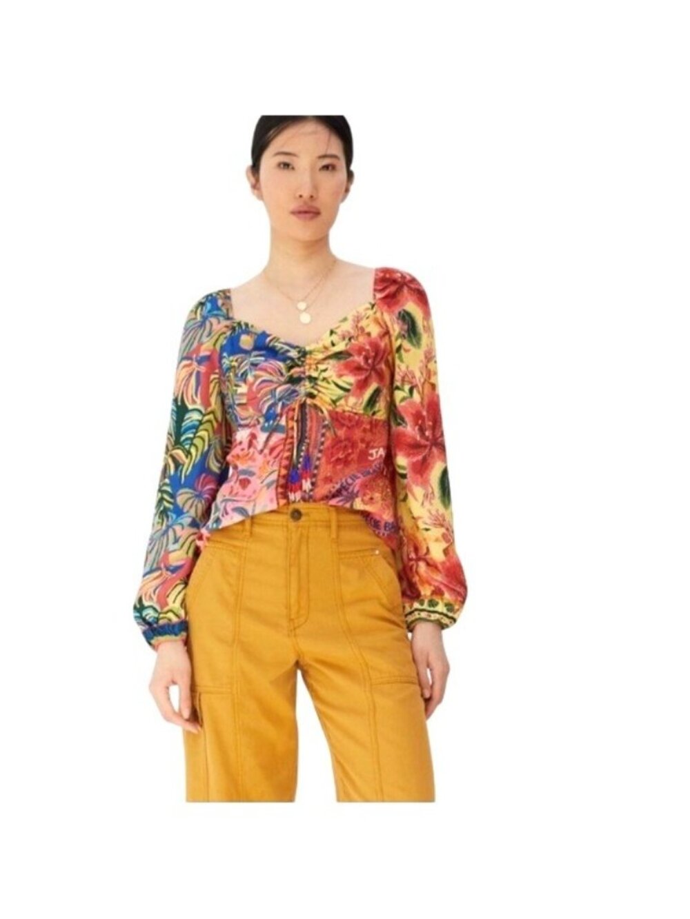 Farm Rio For Anthropologie Floral Patchwork Long Sleeve Blouse S Boho Tropical